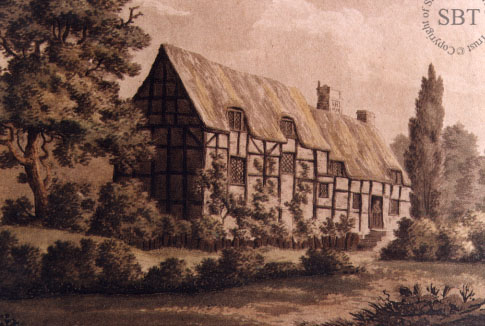 The first known illustration of Anne Hathaway's cottage, engraved from a drawing 
  by Samuel Ireland made c. 1793.