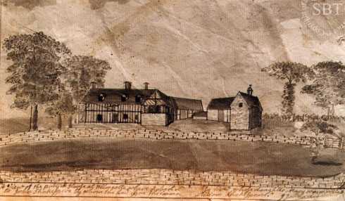 One of the earliest known drawings of Mary Arden's House, by John Jordan, the 
  Stratford-upon-Avon antiquary, c. 1795 