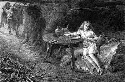 D. J. Desvachez's engraving of Graham's painting was published in 1874 in The Art Journal (36:356).In Cymbeline (Act III, scene vi), Imogen, disguised as a boy, takes refuge in a cave, where she is discovered by Belarius,
Guiderius, and Arviragus. Belarius exclaims, By Jupiter, an angel! or, if not / An earthly paragon! Behold divineness / No elder than a boy!
