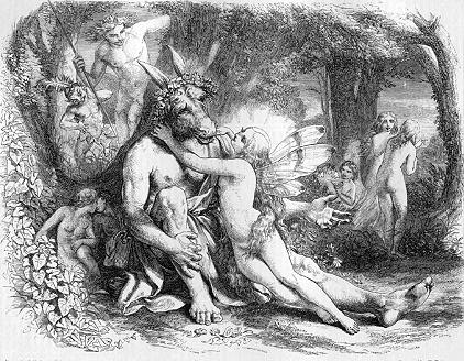 One of the twenty-two engravings on wood that was published by 
The Art Journal in 1850 (12:142) in a series entitled Passages from the Poets. 
Paton's original drawing was engraved by W. T. Green. 
This passage from A Midsummer Night's Dream (IV.i) accompanies the picture:
Come, sit thee down upon this flow'ry bed,
While I thy amiable cheeks do coy,
And stick musk-roses in thy sleek smooth head,
And kiss thy fair large ears, my gentle joy.