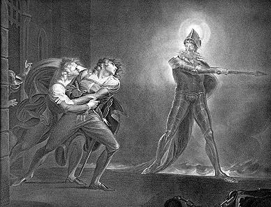 Plate XLIV from Volume II of Boydell's Shakespeare Prints;
the illustration in Boydell is based on the original painting of 1789.The text accompanying the engraving: 
Hamlet. Act I. Scene IV. A platform before the Castle of Elsineur.Hamlet, Horatio, Marcellus, and the Ghost.Painted by H. Fuseli, R. A. Engraved by R. Thew.