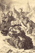 Act V, scene i. Hamlet and Laertes fight in the grave. 1843. <br>
      From Eugne Delacroix's Lithographs of <i>Hamlet</i>