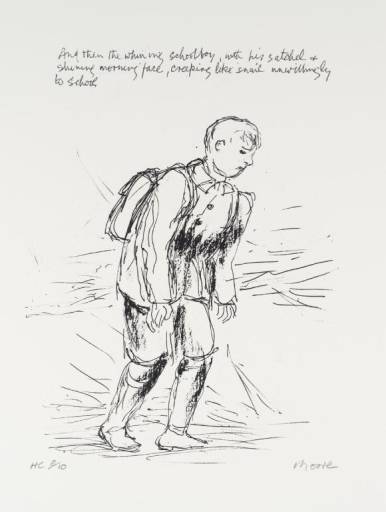 The work illustrated is reproduced by permission of the Henry Moore Foundation 
Moore, Henry, OM, CH 1898-1986 
British from Seven Ages of Man (published 1986; P02878-P02885) The Schoolboy 1982
Lithograph on paper 
image: 267 x 203 mm
on paper, print
Presented by the Henry Moore Foundation 1986 