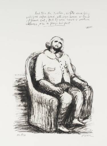 The work illustrated is reproduced by permission of the Henry Moore Foundation
Moore, Henry, OM, CH 1898-1986 
British from Seven Ages of Man (published 1986;)
The Justice 1982
Lithograph on paper 
image: 314 x 213 mm
on paper, print
Presented by the Henry Moore Foundation 1986