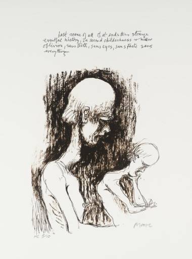 The work illustrated is reproduced by permission of the Henry Moore Foundation
Moore, Henry, OM, CH 1898-1986 
British from Seven Ages of Man (published 1986; P02878-P02885) The Last Scene 1982
Lithograph on paper 
image: 308 x 190 mm
on paper, print
Presented by the Henry Moore Foundation 1986