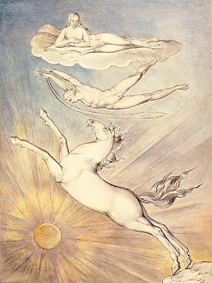 Pen, Ink and Watercolour.Approximately 9 x 6.5.The British Museum, London.Blake's Fiery Pegasus is one of six illustrations commissioned by Joseph Thomas for his copy of the second folio of Shakespeare's plays.