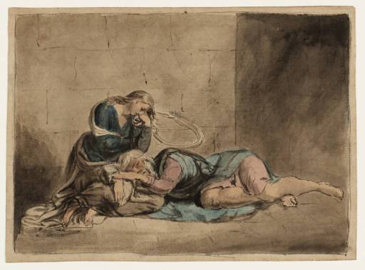 Blake, William 1757-1827 
British 
Lear and Cordelia in Prison circa 1779
Pen and ink and watercolour on paper 
support: 123 x 175 mm
on paper, unique
Bequeathed by Miss Alice G.E. Carthew 1940
